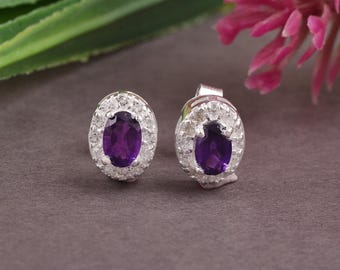 Amethyst Moissanite Silver Stud Earrings: August Birthstone