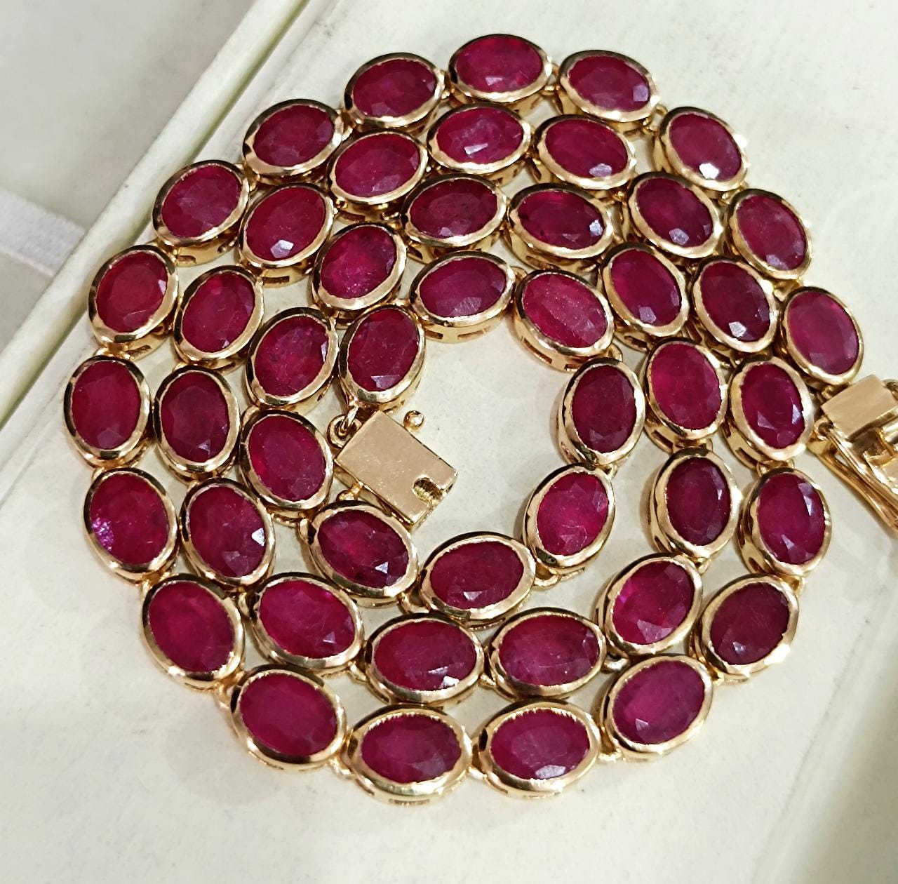 Oval Ruby Tennis Necklace: Sterling Silver Bezel, July Birthstone