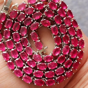 Oval Ruby Tennis Necklace: Sterling Silver July Birthstone