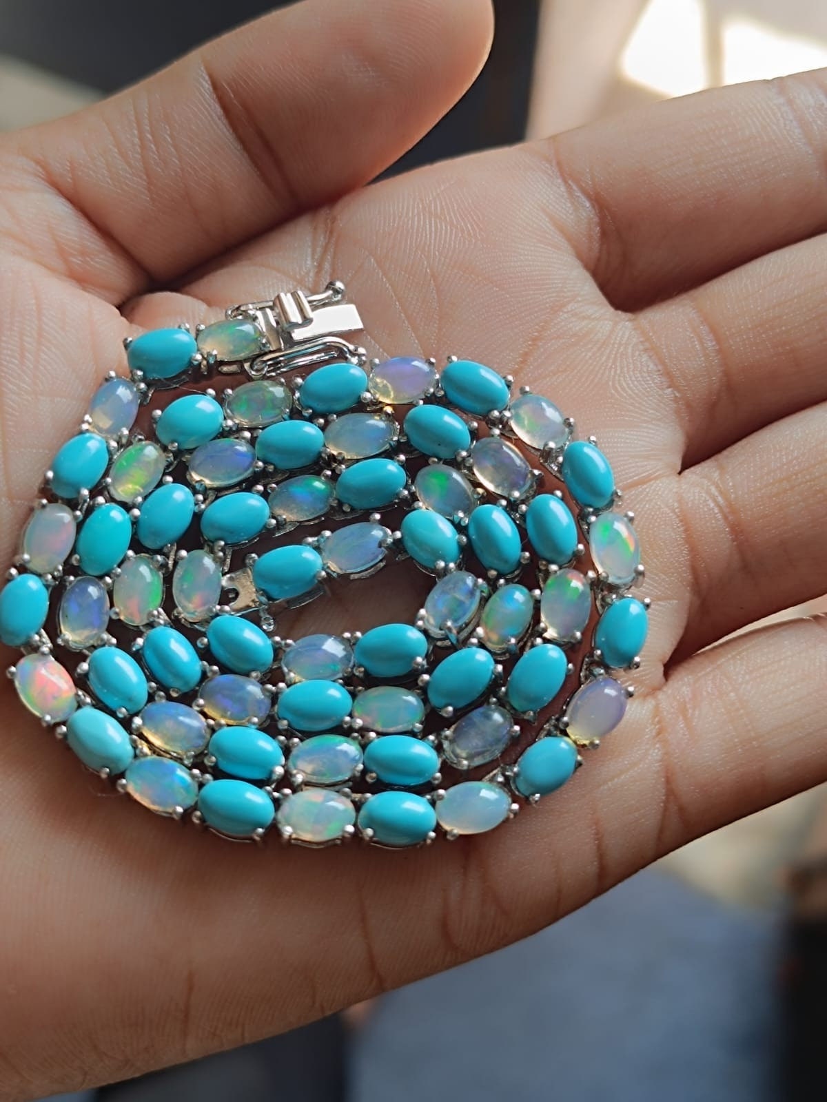 Oval Natural Opal and Turquoise tennis necklace Sterling silver, October birthstone,Party wear Necklace,Fiance gift Necklace,Gemstone Neckla