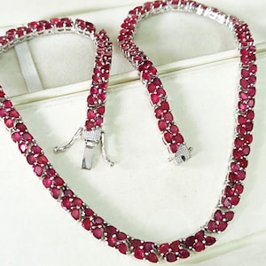 Pear Cut Natural Ruby Tennis Necklace, Sterling Silver July Birthstone
