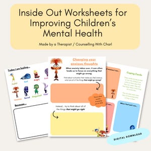 May include: Printable Inside Out worksheets for improving children's mental health. The worksheets feature characters from the movie Inside Out, including Joy, Sadness, Anger, Disgust, and Fear. The worksheets include prompts for children to identify their feelings and coping mechanisms.