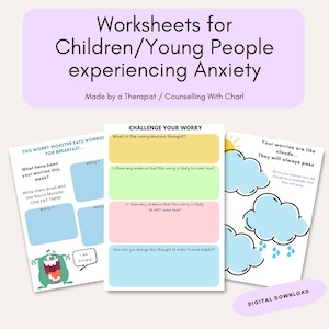 May include: Three printable worksheets for children and young people experiencing anxiety. The first worksheet features a green monster with the text "This Worry Monster Eats Worries for Breakfast..." The second worksheet has the title "Challenge Your Worry" and has sections for writing down a worry, evidence that the worry is likely to come true, evidence that the worry is likely to not come true, and how to change the thought to make it more helpful. The third worksheet features a sun, clouds, and raindrops with the text "Your worries are like clouds... They will always pass."