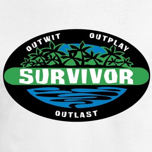 May include: A white t-shirt featuring a black oval graphic with the text SURVIVOR in white letters on a green bar. Above the bar are green palm trees against a blue sky, and below is a blue water graphic. The words OUTWIT, OUTPLAY, and OUTLAST are present.