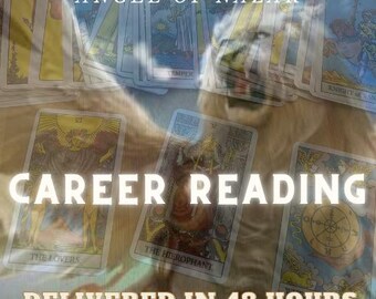 May include: Tarot cards spread out on a wooden table with the text "ANGEL OF NAZAR" and "CAREER READING DELIVERED IN 48 HOURS" superimposed on the image. The cards include "The Lovers", "The Hierophant", and "Temperance".