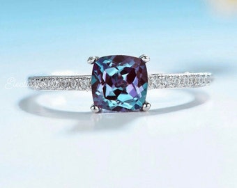 Cushion shape Vintage Alexandrite Ring  Vermeil, Engagement Ring, Promise Ring, June Wedding gift for her gold ring