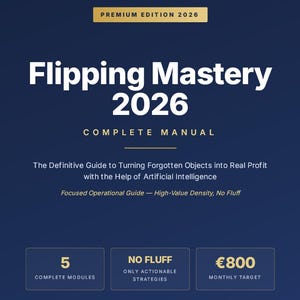 Könnte beinhalten: Ein dunkelblaues Handbuch mit dem Titel Flipping Mastery 2026 Premium Edition. Das Cover enthält weißen Text, der einen Leitfaden zur Gewinnmaximierung mit künstlicher Intelligenz beschreibt, inklusive 5 Modulen und einem monatlichen Ziel von 800 Euro.