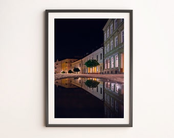 Impresión de luces nocturnas con reflejos urbanos: Decoración urbana para el hogar (descarga digital)