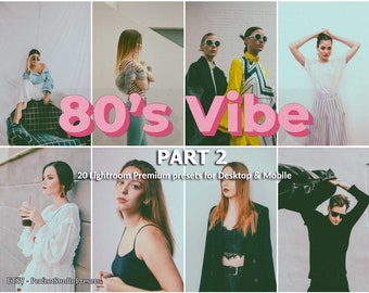 Puede incluir: Un collage de fotos con un texto superpuesto "80's Vibe" en rosa y amarillo. El texto dice "80's Vibe Part 2 20 Lightroom Premium presets for Desktop & Mobile".