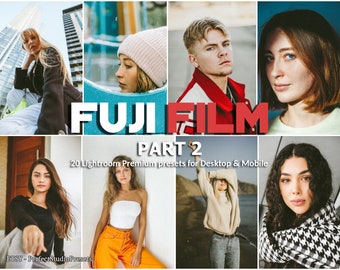 May include: A collage of images showcasing 20 Lightroom presets for desktop and mobile devices. The presets are designed to emulate the look of Fuji film. The images feature people in various settings and poses, with a vintage, film-like aesthetic.
