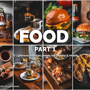 Puede incluir: Un collage de imágenes que muestran presets de fotografía de comida para Lightroom. Las imágenes incluyen un postre, una hamburguesa, un pastel y un rollo de sushi. El texto "FOOD PART 1" y "20 Lightroom Premium presets for Desktop & Mobile" también están incluidos en la imagen.