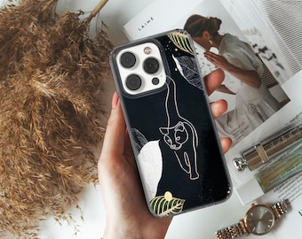 Jolie coque de portable chat noir pour animal de compagnie compatible avec iPhone 16 Pro Max, 14, 13, 12, 11, SE, Samsung S25, A53, S21, S23 Ultra, Google pixel 8, 9 Pro