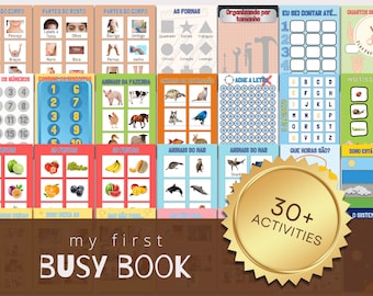 May include: A colorful busy book with over 30 activities for kids. The book features images of animals, shapes, numbers, letters, and more. The cover of the book has a gold star with the text "30+ Activities" and the words "my first busy book".