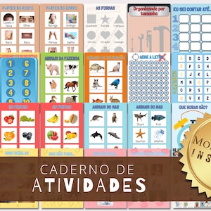 May include: A colourful printable activity book for children with a Montessori inspired theme. The book includes activities such as counting, matching, and identifying objects. The cover features a gold star with the text "Montessori Inspired" and the words "Caderno de Atividades".