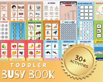 May include: A colorful toddler busy book with over 30 activities. The book includes activities such as counting, matching, and learning about animals, shapes, and the alphabet. The book is perfect for toddlers who are learning to read and write.