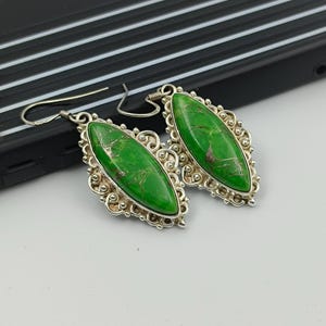Green Copper Turquoise Sterling Silver Earrings: Handmade Boho Jewelry