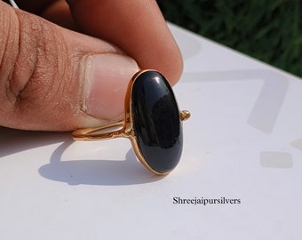 Handmade Gold Plated 925 Silver Ring: Big Oval Black Onyx Statement Ring