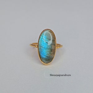 Genuine Long Oval Labradorite Ring, Statement Women's Ring, 14k Gold Plated Rings, Blue Fire Labradorite Gold Ring, 925 Sterling Silver Ring