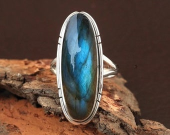 Handmade Oval Labradorite Ring: Sterling Silver Bohemian Statement Jewelry