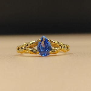 Genuine Sapphire Leaf Ring, 14k Solid Gold Plated, Handmade Ring, Tear Drop Ring, Precious Gold Sapphire Ring, Ring For Women, Dainty Ring