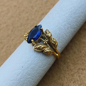 Sapphire Marquise Ring, 14k Gold Leaf Band, Sterling Silver Handmade