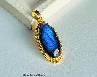 14k Gold Long Oval Labradorite Pendant: Sterling Silver Blue Gemstone