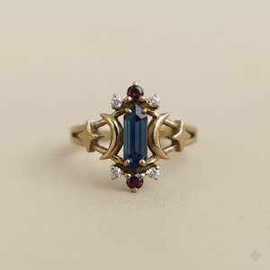 Może przedstawiać: Złoty pierścionek z prostokątnym, ciemnoniebieskim kamieniem pośrodku. Pierścionek zdobiony jest małymi, okrągłymi, białymi i czerwonymi kamieniami oraz motywami księżyca i gwiazd. Unikatowa biżuteria.