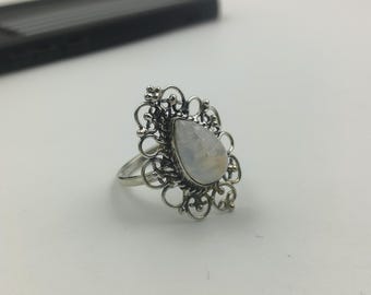 Sterling Silver Pear Moonstone Ring, Unique Ornate Design, Women's Statement Ring