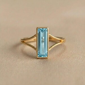 Handmade Blue Aquamarine Ring, 14k Gold Long Baguette Ring, 925 Sterling Silver Aquamarine Dainty Gemstone Ring For Women