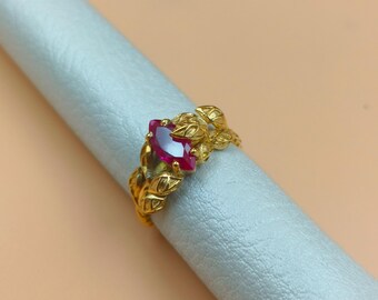 Beautiful Ruby Ring, Handmade Gold Plated Ring, 925 Sterling Silver Leaves Band Ring, Unique Ruby Leaf Ring, Boho Ring, Christmas Gift