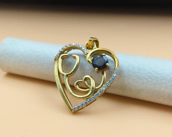 Stethoscope Heart Pendant, Smokey Quartz, 925 Sterling Silver, Gemstone Jewelry