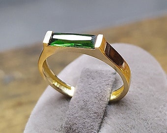 Baguette Hydro Emerald Men&#39;s Signet Ring, 925 Sterling Silver Handmade Boho Jewelry, Natural Emerald 14k Gold Plated Christmas Gift Ring