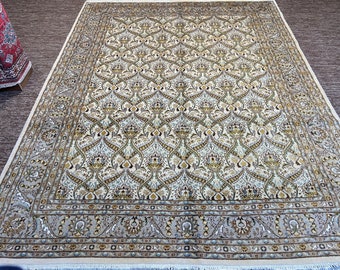 Großer beigefarbener Teppich – 2,4 x 3,5 m – Doppelknoten – handgefertigt in Pakistan – luxuriöser handgefertigter Teppich – reine Wolle und Seide – hochwertig handgeknüpft