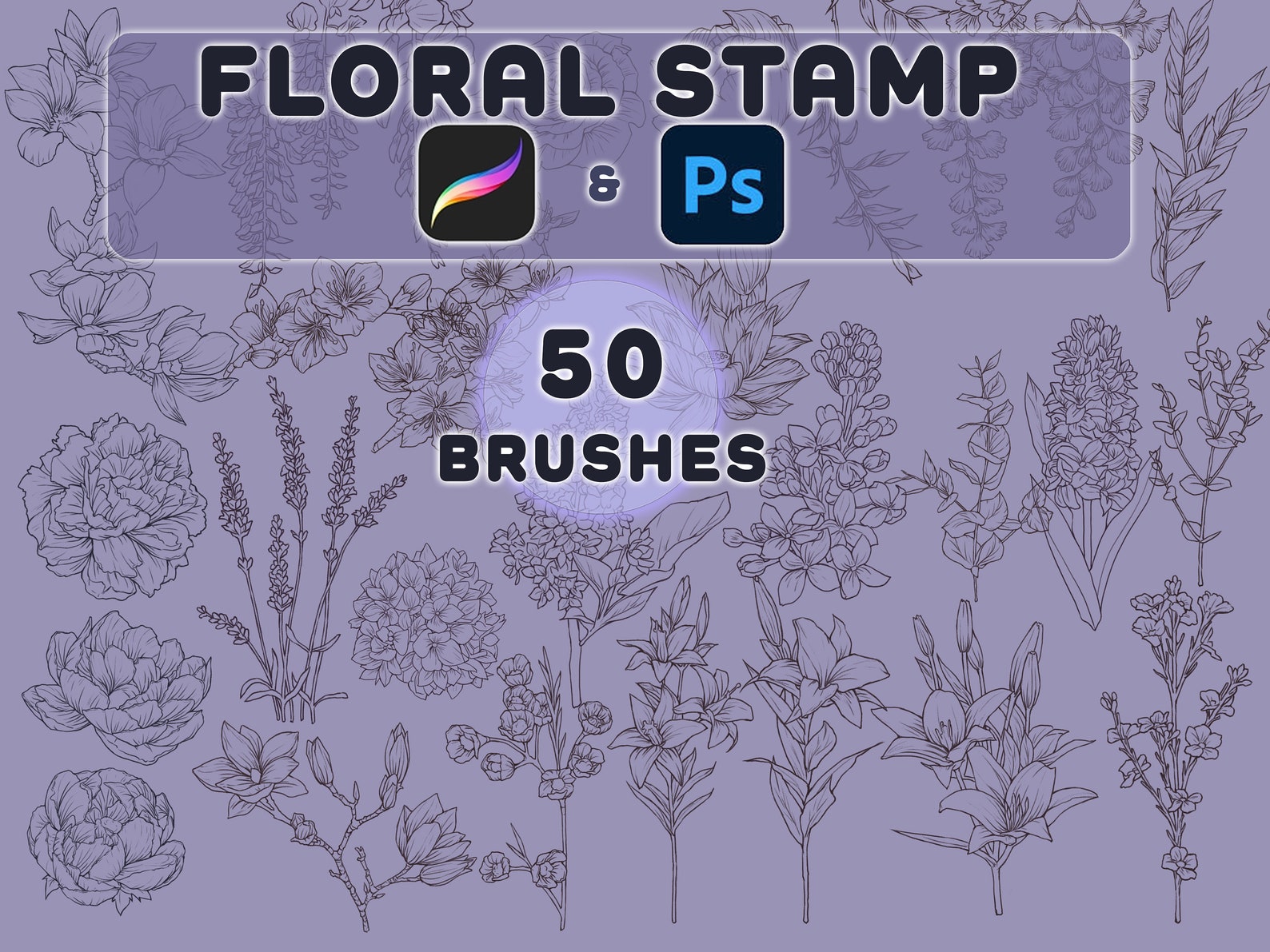 Floral Stamp Brush, Procreate Brush Set, Procreate, Photoshop Brush Set ...