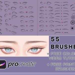 Puede incluir: Un conjunto de 55 pinceles de Procreate para dibujar ojos, cejas e iris de anime. La imagen muestra una variedad de formas y estilos de ojos, así como un primer plano de un par de ojos de anime con iris azules. El texto "55 Brushes + Free Coloring Video Tutorial + Free Painting Brushes" también está incluido.