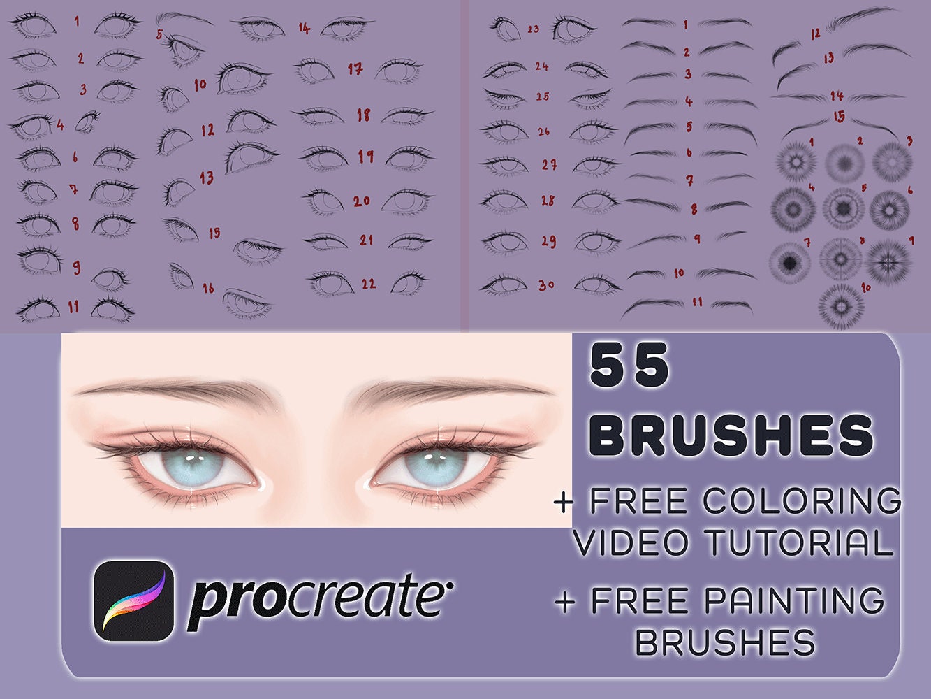 Procreate Set de pinceles sello para ojos – 55 sellos de ojos, cejas e iris + pinceles de color gratis