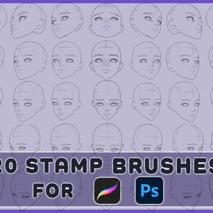 Può includere: Un set di 20 pennelli digitali a timbro per Photoshop che presentano contorni di volti in stile anime. I pennelli sono progettati per essere utilizzati con una tavoletta grafica digitale.