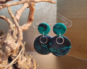 Green and black marbled earrings, silver circle