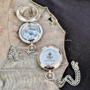 Boussole en argent personnalisée avec coffret en palissandre gravé, boussole de poche personnalisée, cadeau souvenir nautique pour homme