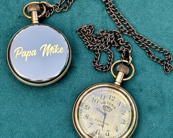 Personalized Vintage Pocket Watch Necklace | Custom Brass Engraved Watch | Antique Style Victorian Watch | Gift for Dad, Grandpa, Husband