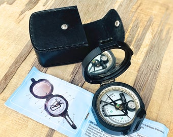 Brass Brunton Compass with Leather Case – Vintage Hiking Navigation Tool, Antique Working Direction Compass Gift for Traveler or Explorer