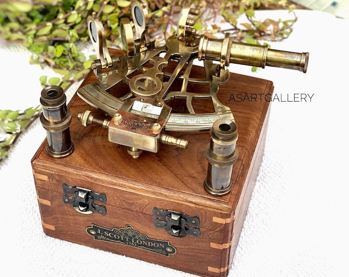 Personalized Brass Sextant, Working Nautical Instrument, J. Scott London, Rosewood Box