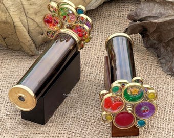 Engraved Brass Kaleidoscope with Wooden Stand, Personalized Vintage Optical Toy, Father's Day Gift