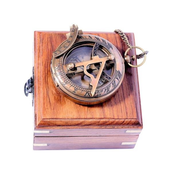Personalized Sundial Compass with Wooden Box | Antique Push Button Sundial Compass with Beautiful Chain| Beautiful Handmade Pocket Sundial