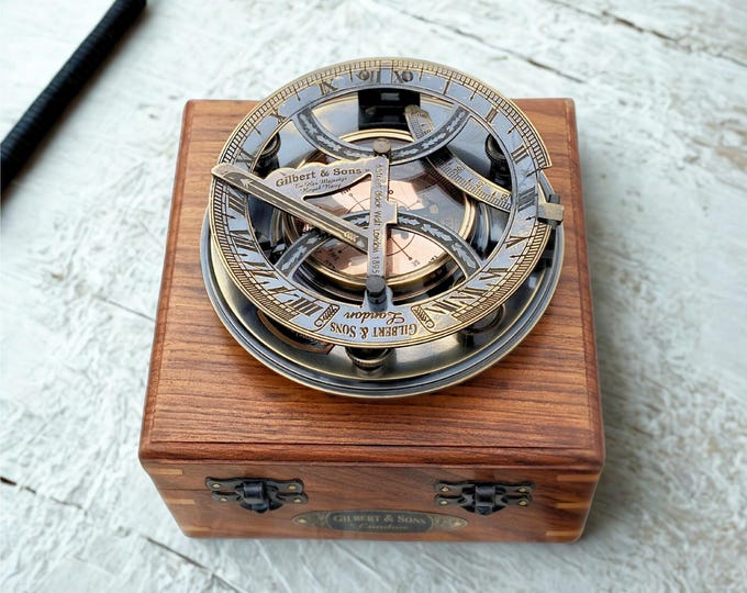 Personalized Brass Sundial Compass with Wooden Box | Antique Finish Working Direction Compass | Vintage Gift for Couples, Him & Her