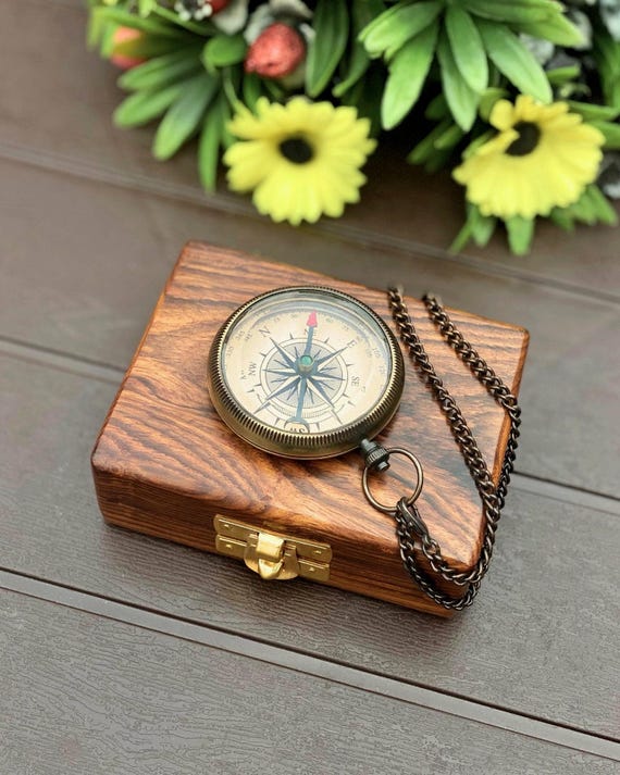 Personalized Brass Compass Locket with Wooden Box – Engraved Keepsake