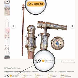Personalized Brass Walking Cane with Telescope & Compass - Steampunk Victorian Gift for Men - Handmade Working Nautical Walking Stick image 12