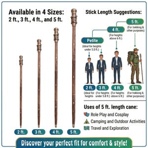 Size comparison chart for vintage brass telescope walking canes available in 2ft, 3ft, 4ft, and 5ft lengths. The image includes height suggestions for users based on their height and specific uses like trekking, cosplay, and travel, featuring a clean white background and professional product photography.