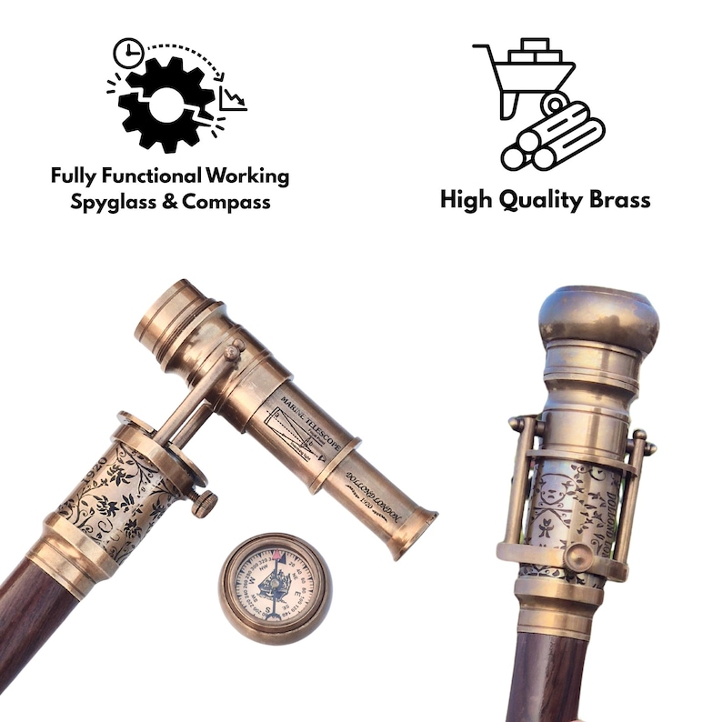 Showcase of the solid brass telescope, compass, and handle fittings from multiple angles.