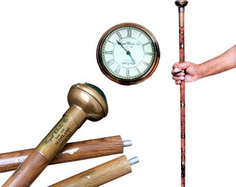 Victorian Rosewood Walking Cane with Brass Clock Handle – Antique Style Gentleman’s Collectible, Elegant Gift for Retirement, Father’s Day